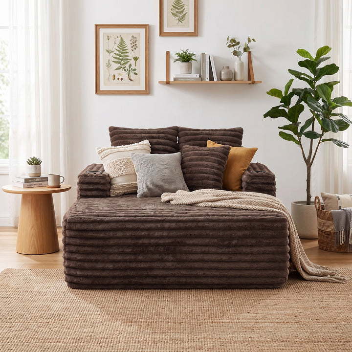 Brown Ribbed Velvet Extra-Large Lounge Chair with Cupholders WICKEROTTOMAN