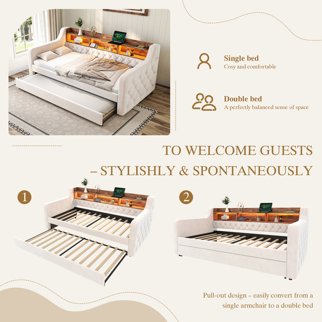 Beige velvet tufted button daybed with rustic wood shelves, lighting LED and charging port (90×190cm) TIDAL