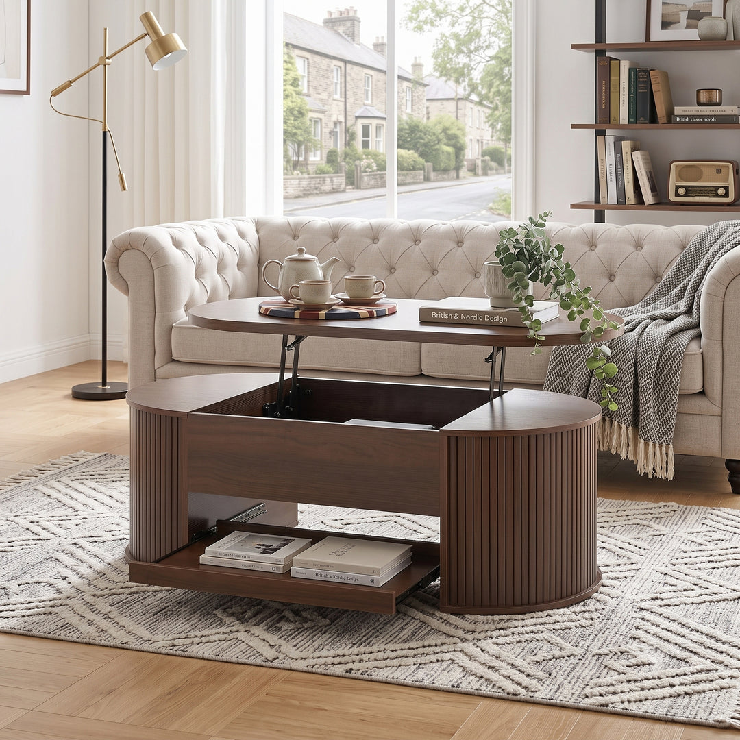 Walnut wooden oval lift-top coffee table with hidden storage and tray, rounded fluted design CONCRETEORGANIZER