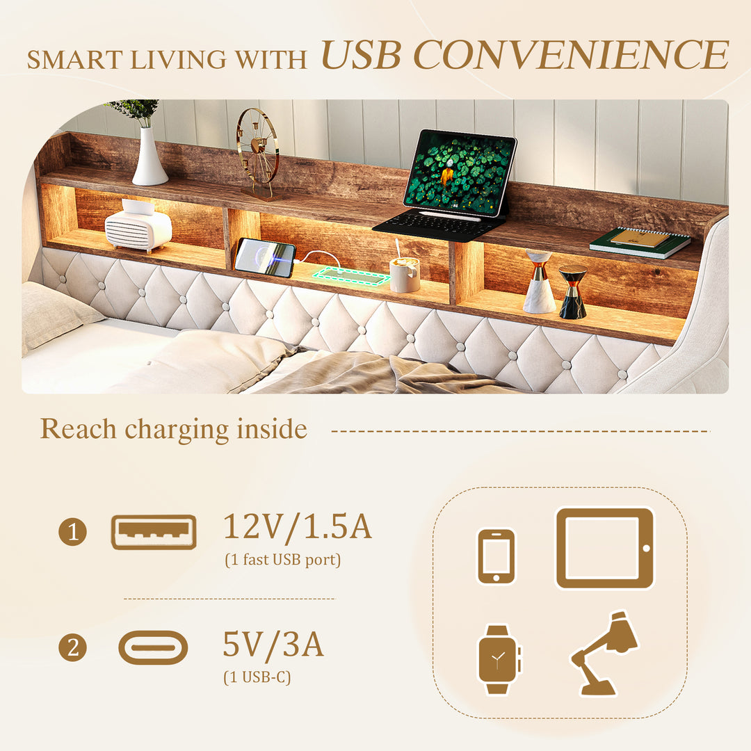 Beige velvet tufted button daybed with rustic wood shelves, lighting LED and charging port (90×190cm) TIDAL