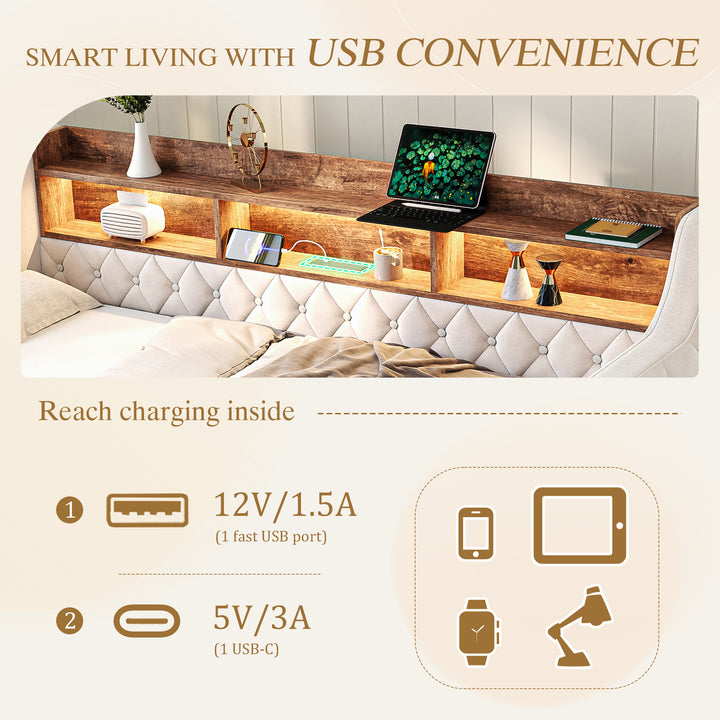 Beige velvet tufted button daybed with rustic wood shelves, lighting LED and charging port (90×190cm) TIDAL