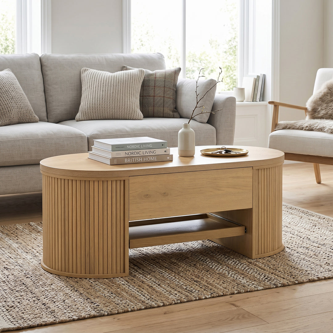 Light wooden oval lift-top coffee table with hidden storage and tray, rounded fluted design CONCRETEPILLOW