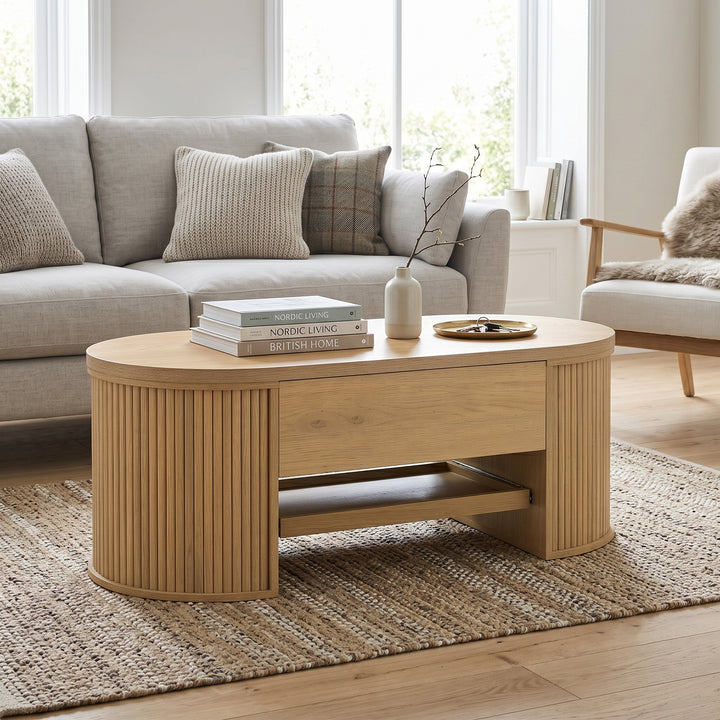 Light wooden oval lift-top coffee table with hidden storage and tray, rounded fluted design CONCRETEPILLOW