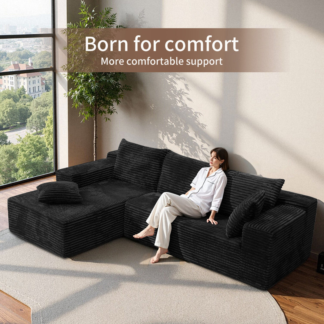 Black L-Shaped Sectional Sofa Corduroy with Deep Seat 237cm ARROWDRESSER