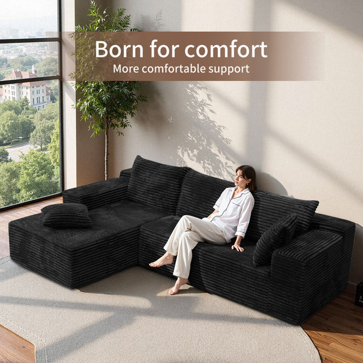 Black L-Shaped Sectional Sofa Corduroy with Deep Seat 237cm ARROWDRESSER