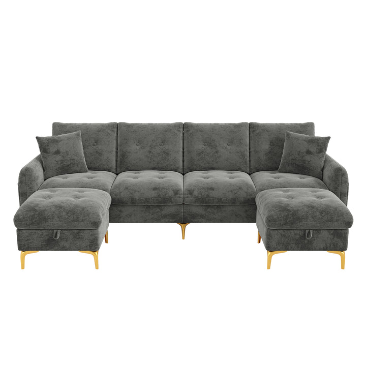 U-shaped tufted 4-seater modular sofa with 2 storage ottomans, chenille grey and golden legs QUADSHELF