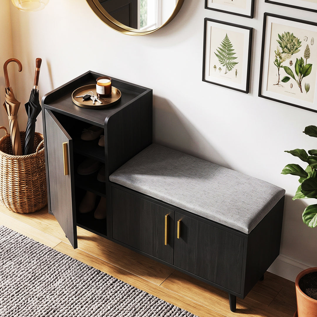 Modern L-shape black shoe storage bench, metal golden handles 100x34x69cm ELEGANT TABLE ART
