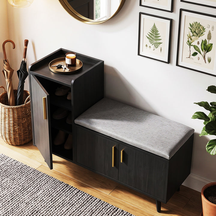 Modern L-shape black shoe storage bench, metal golden handles 100x34x69cm ELEGANT TABLE ART