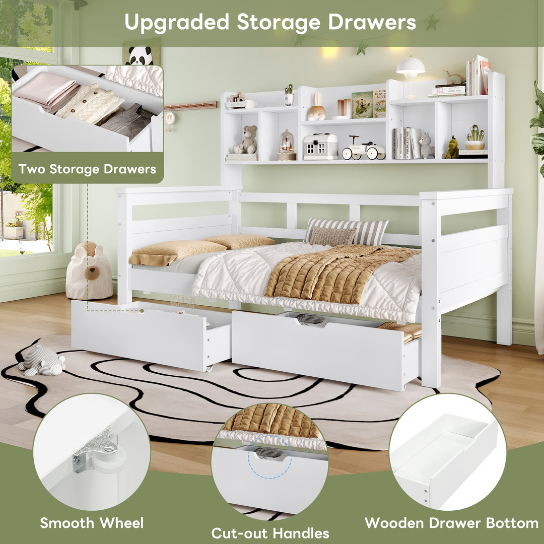 White wooden daybed with shelves and 2 drawers (90*190cm) SANDARAC