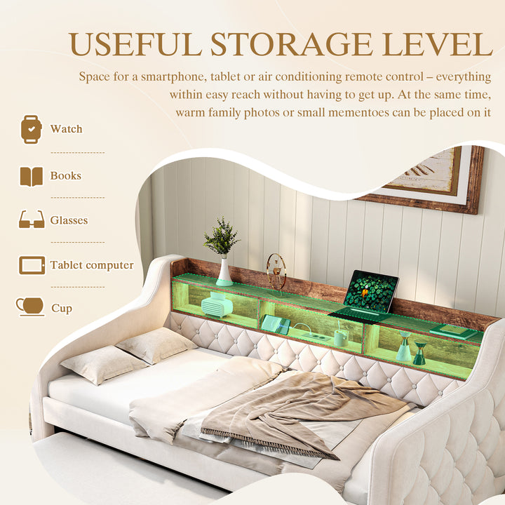 Beige velvet tufted button daybed with rustic wood shelves, lighting LED and charging port (90×190cm) TIDAL