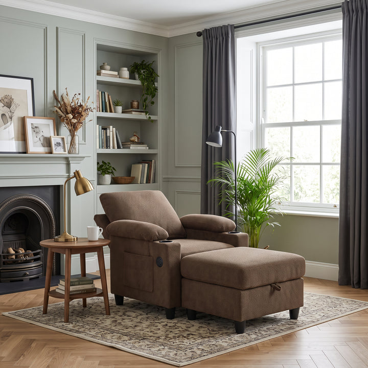 Multi-Functional Brown Corduroy Single Sofa with Adjustable Back and Hidden Storage Ottoman WOODORGANIZER