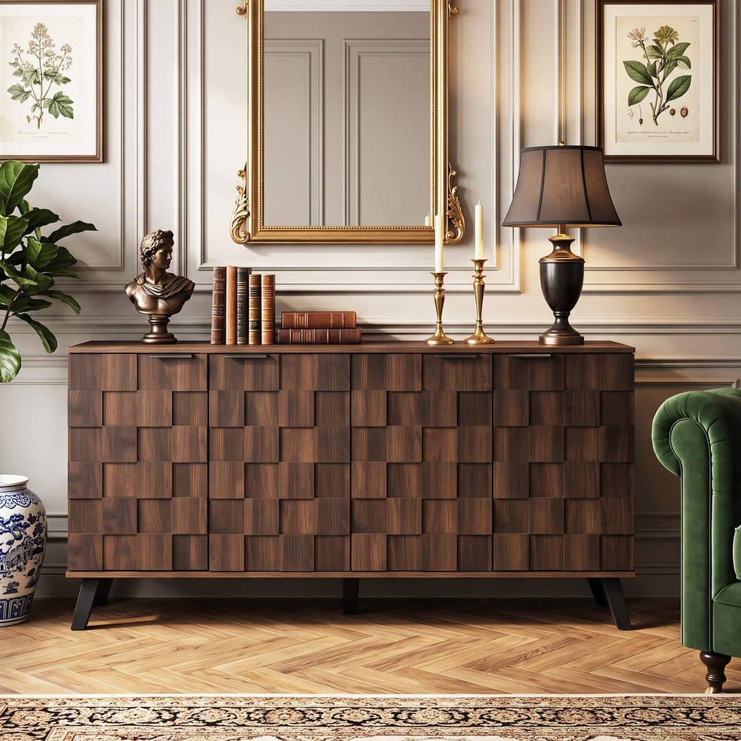 Walnut wooden sideboard vintage geometric pattern with 4 doors 150x35x78cm CONSOLEPLUS