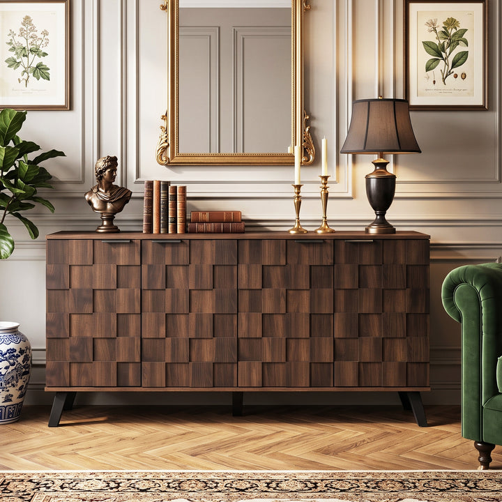 Walnut wooden sideboard vintage geometric pattern with 4 doors 150x35x78cm CONSOLEPLUS