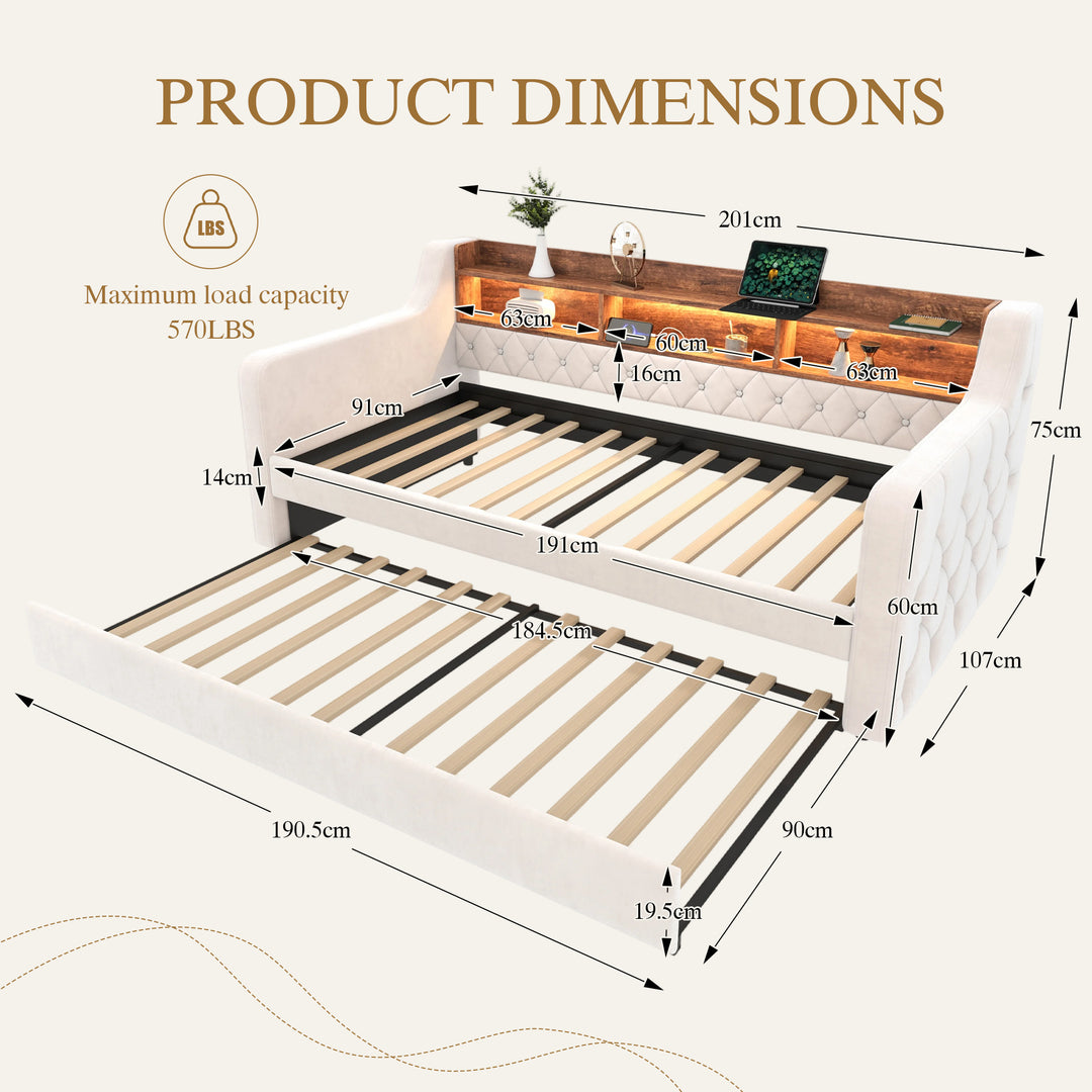 Beige velvet tufted button daybed with rustic wood shelves, lighting LED and charging port (90×190cm) TIDAL