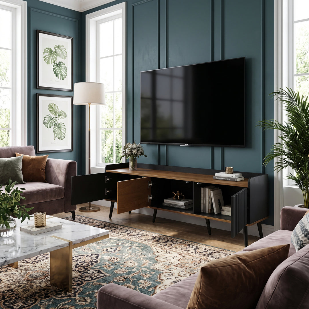 Wooden black fluted TV stand 3-door tapered legs CONSOLEECO