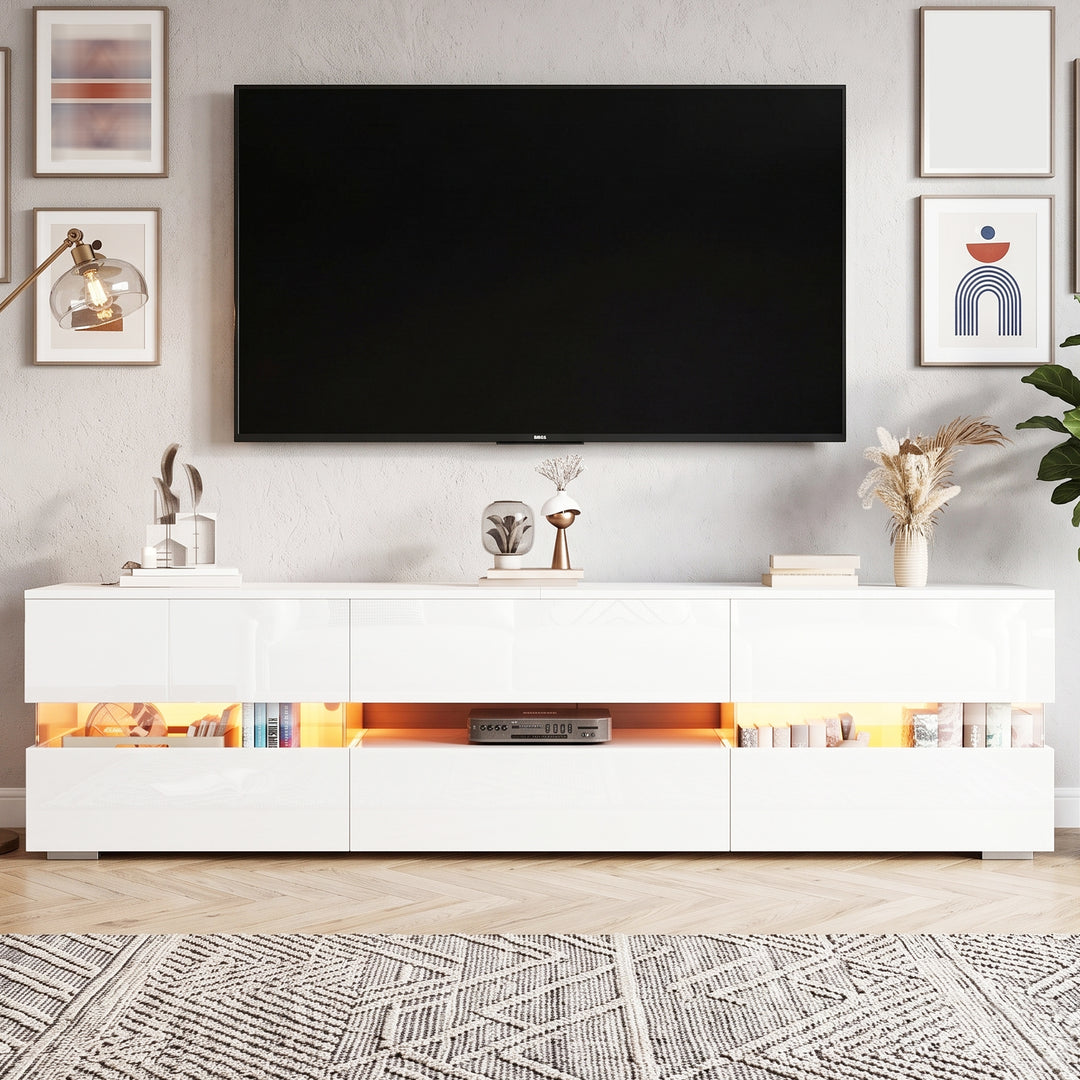White high gloss TV stand with LED lights 4 doors 2 drawers 160cm COMPACTRESINPRIME