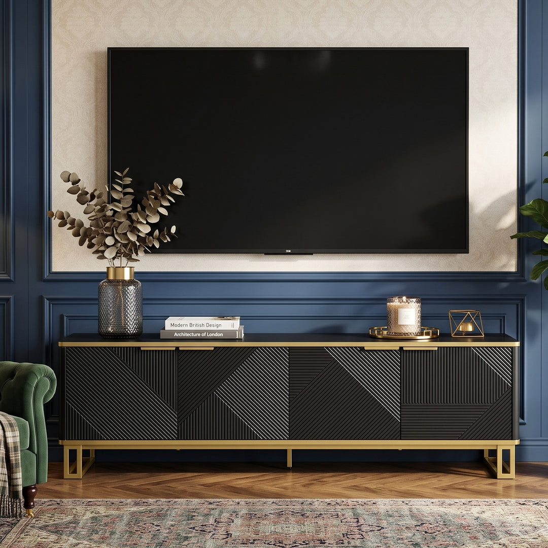 Luxury geometric texture TV stand, black & gold finish 4 doors CONCRETECURTAIN