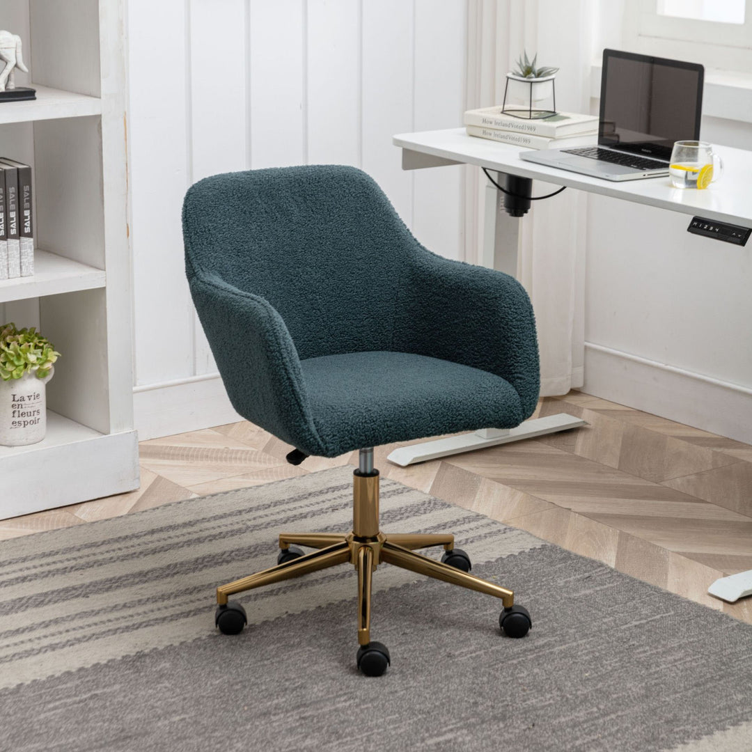 Grey teddy blue velvet office chair with armrests swivel wheel gold base TORQIL BLUE UK