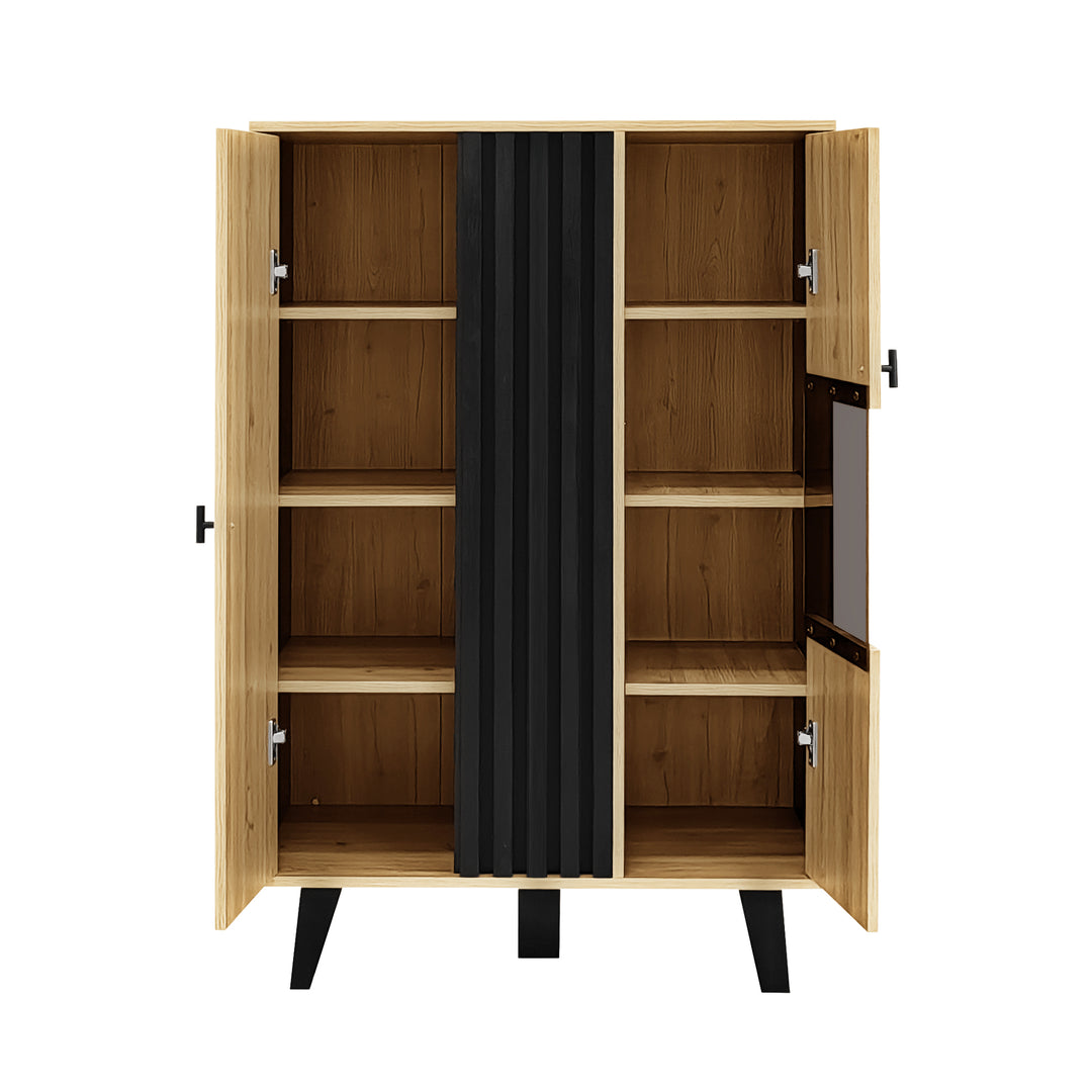 00+Sideboard black & wood with LED lighting and glass doors PROTONEM