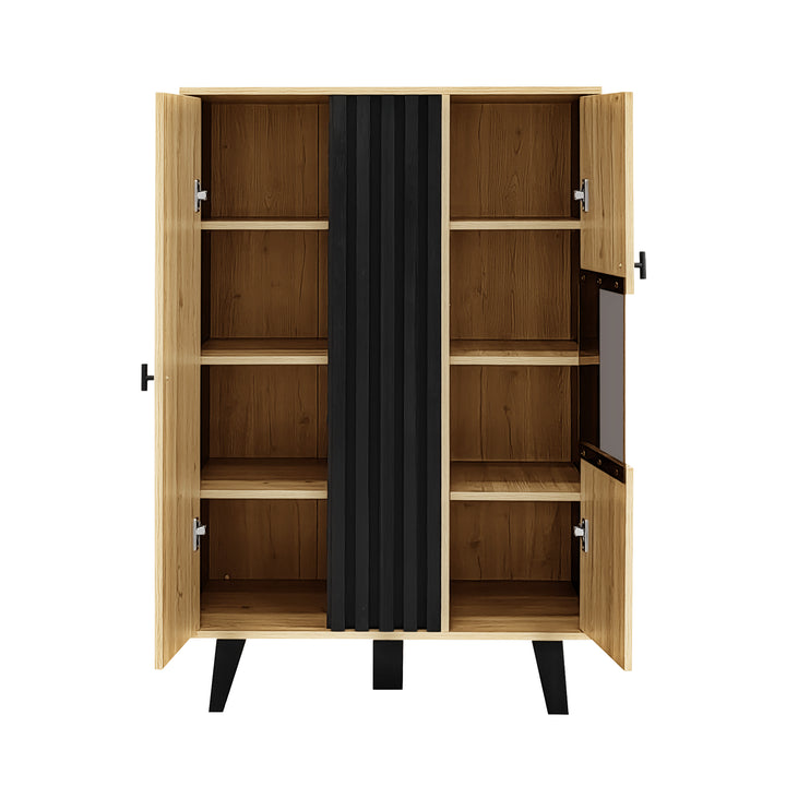 00+Sideboard black & wood with LED lighting and glass doors PROTONEM