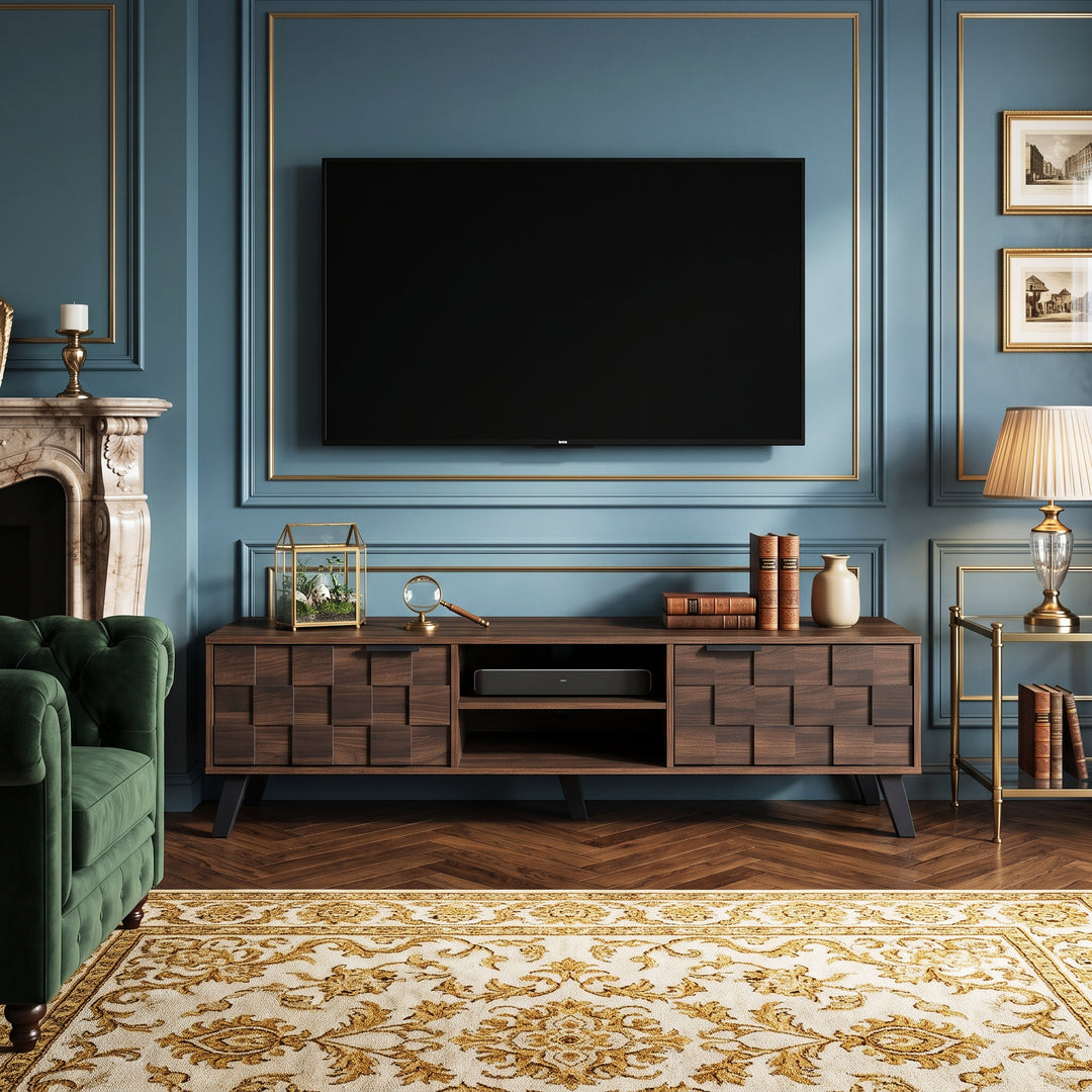 Walnut wooden TV cabinet vintage geometric pattern with 2 doors CONSOLEPRO
