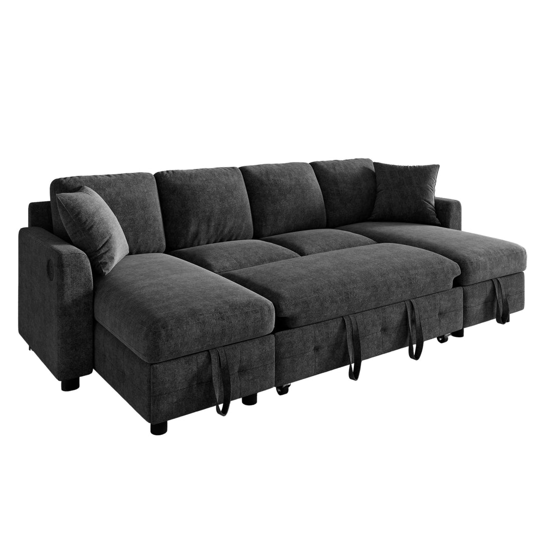 U-Shaped Sectional Sofa Grey Chenille with Pull-Out Bed &amp; 2 Storage Chaises 260cm ARROWCABINET
