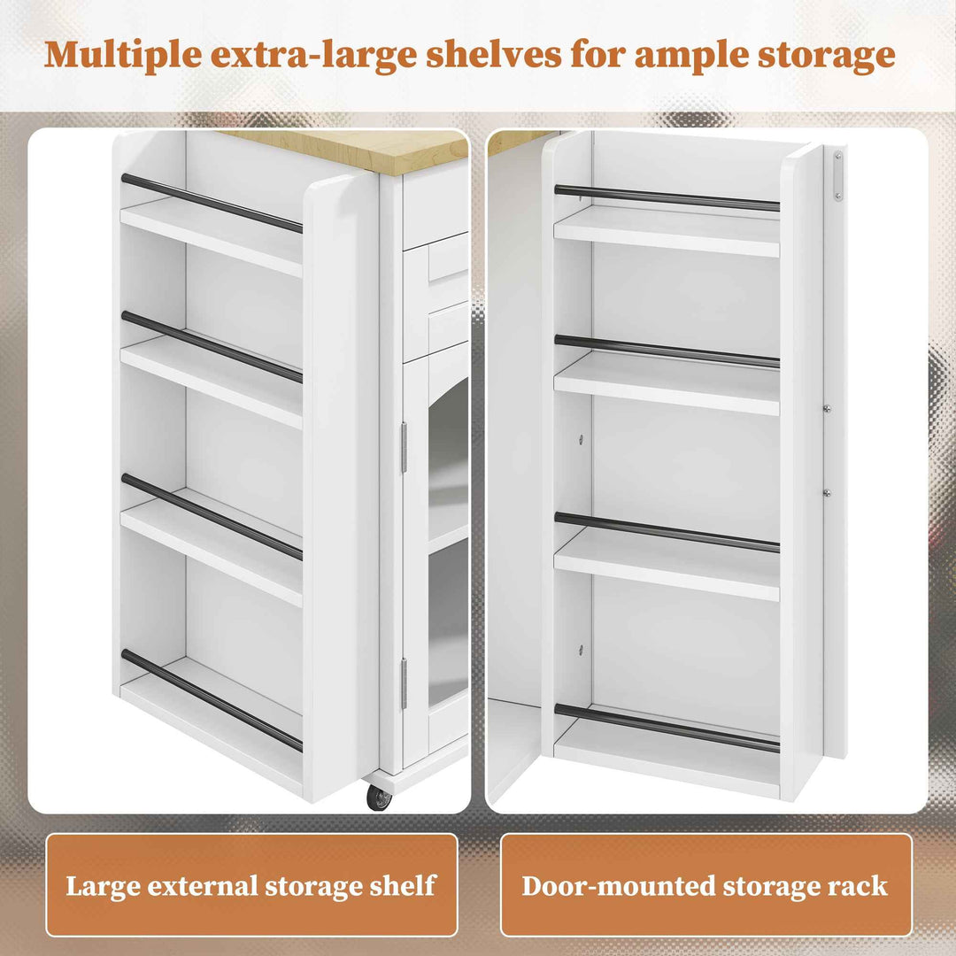 00+Mobile Kitchen Island Trolley White Foldable Worktop, 5 Wheels, Glass Doors, Storage Racks, Cutlery Drawer NOVAOR