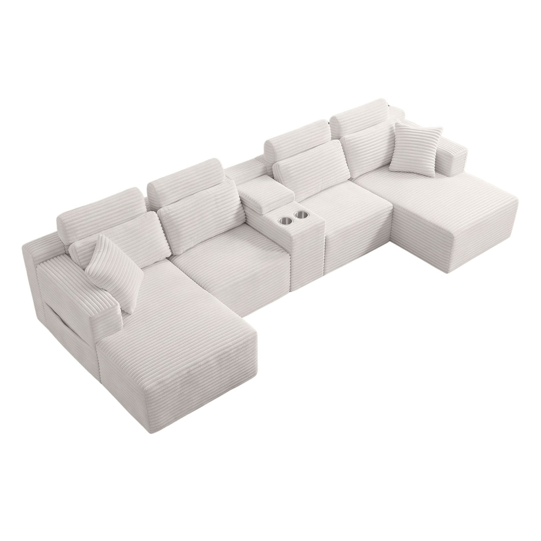 Corduroy U-Shaped Sectional 4–6 Seater Sofa with Dual Chaises, Modular Couch with Console and Cup Holders 370cm ARROWBED
