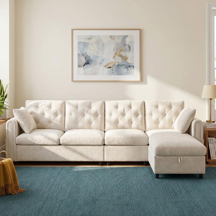 Modern L-shaped 3-seater velvet beige sectional sofa with storage chaise 281x132x86cm ELEGANT STEEL LINE