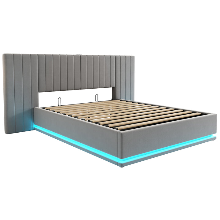 Grey velvet king ottoman bed end opening with LED lighting and charging station (150×200cm) REMEDIAT