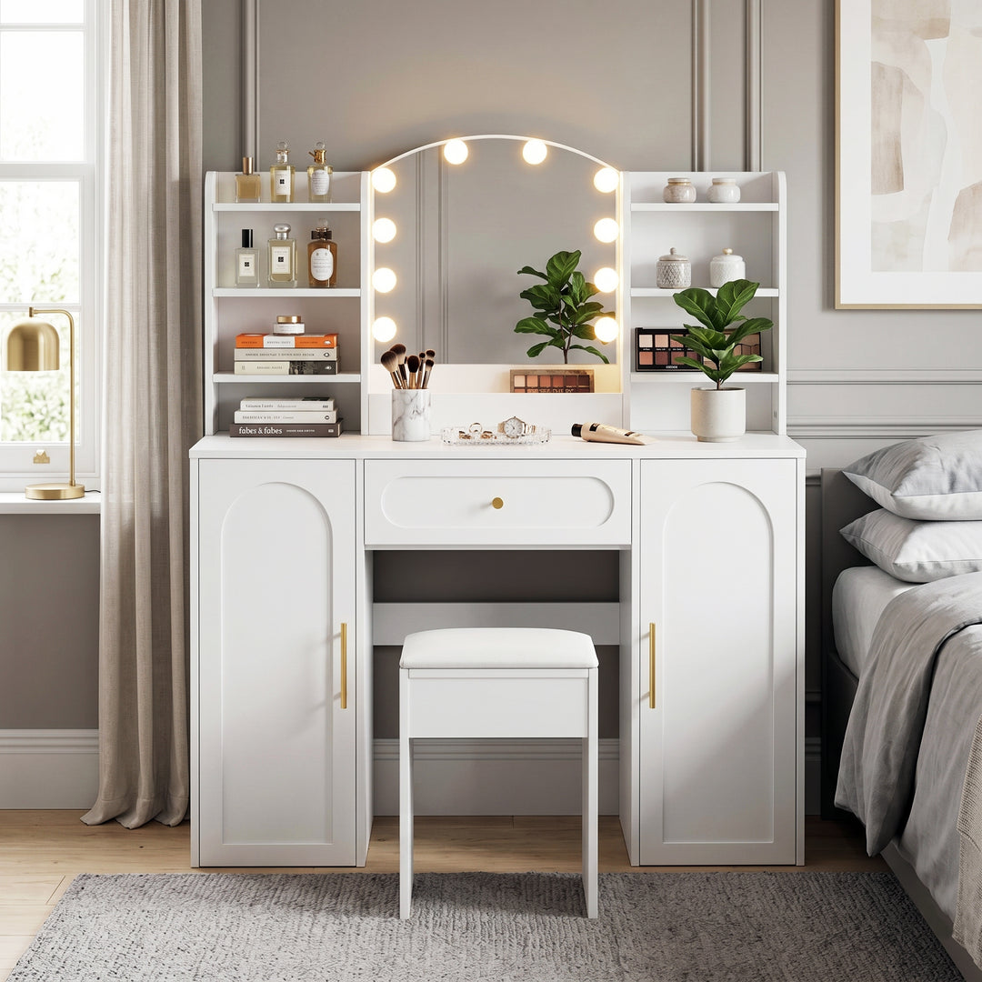 Modern white vanity makeup table with stool, LED mirror 110x40x132cm ELEGANT TABLE SET