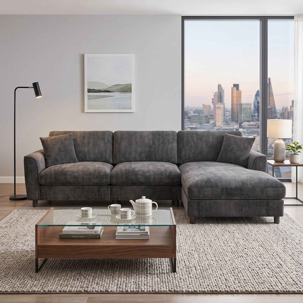 L-shaped 3-seater corner sofa, reversible chaise, chenille dark grey 256cm QUADSOFA