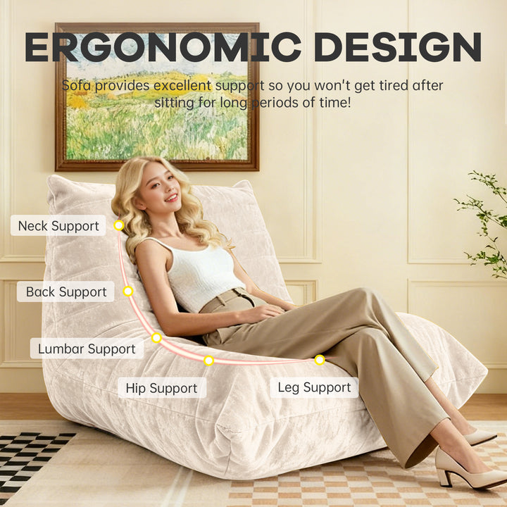 Comfy white chenille bean bag lazy sofa with full-body support & non-slip base SUNDIS