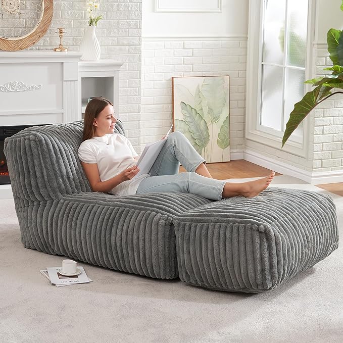 Comfy grey ribbed corduroy lazy sofa bean bag & ottoman set MYSTERIS