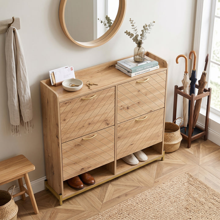 Wooden shoe cabinet diagonal stripe with 4-door gold accents 108.5×24×100cm COUNTRY DESK
