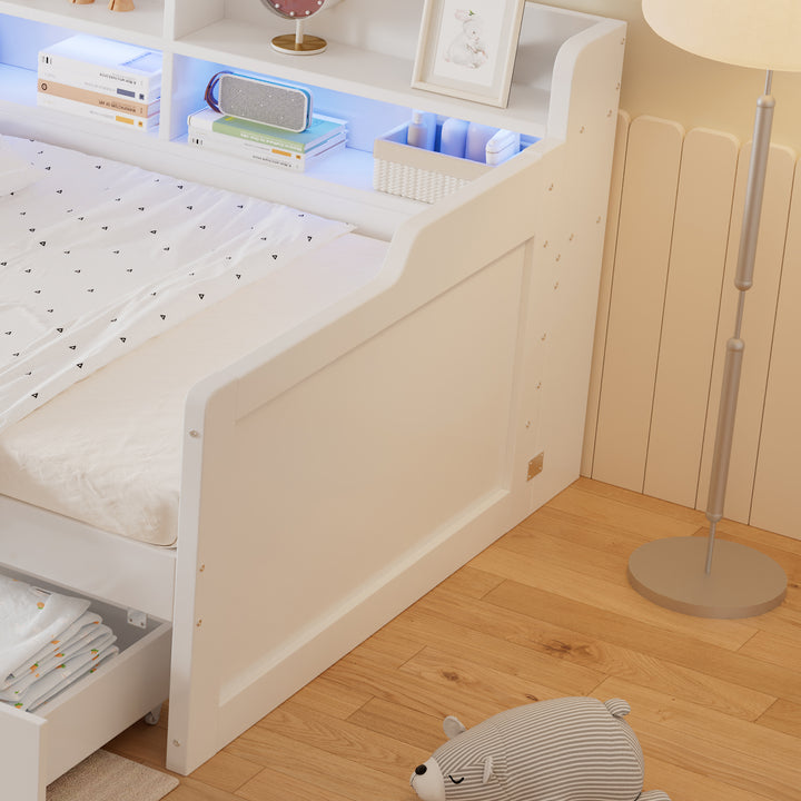 White Wooden Single Daybed Storage with 2 Wheeled Drawers and LED Light 90x190cm WOODWARDROBE