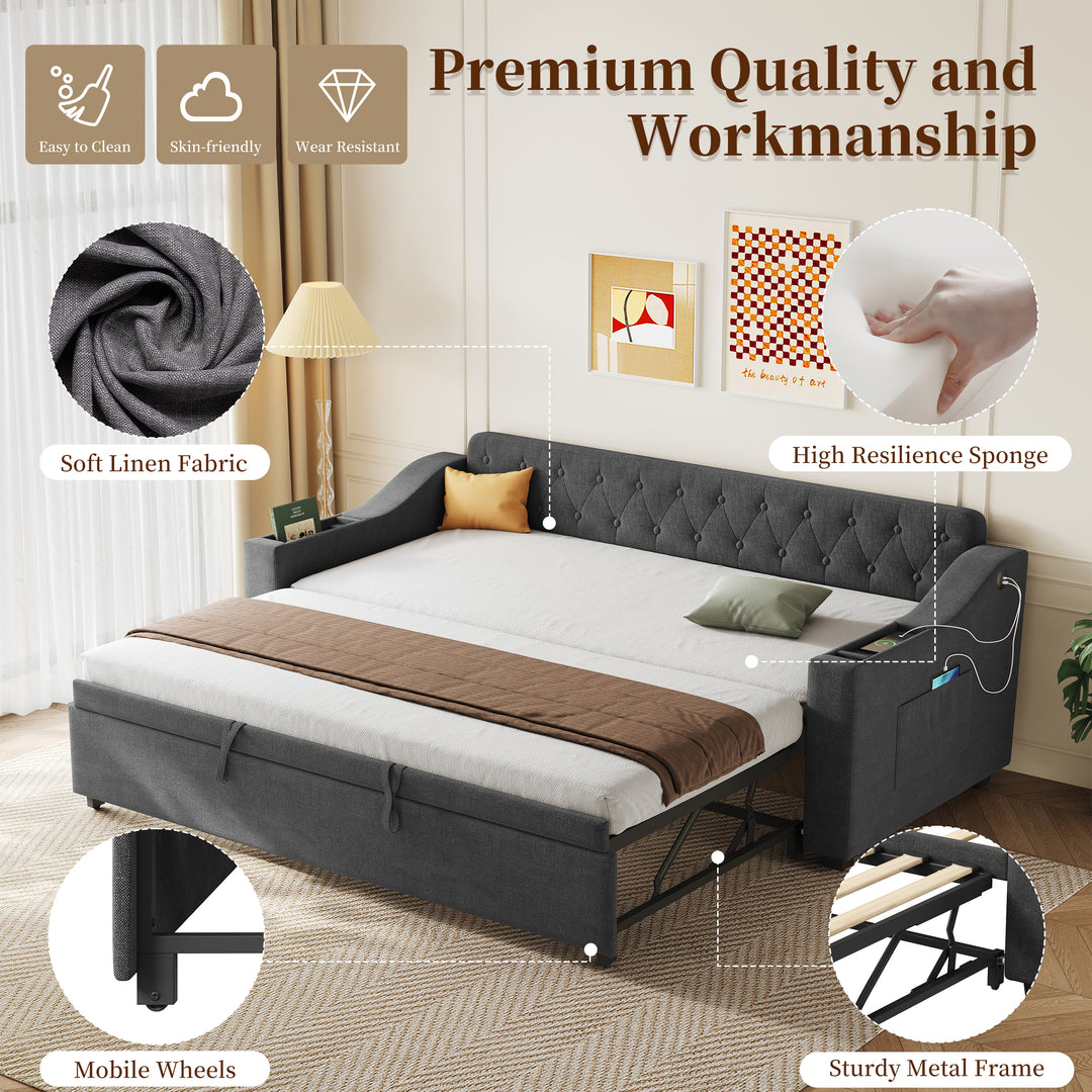 Dark grey linen tufted upholstered daybed with trundle and charging station CEARA