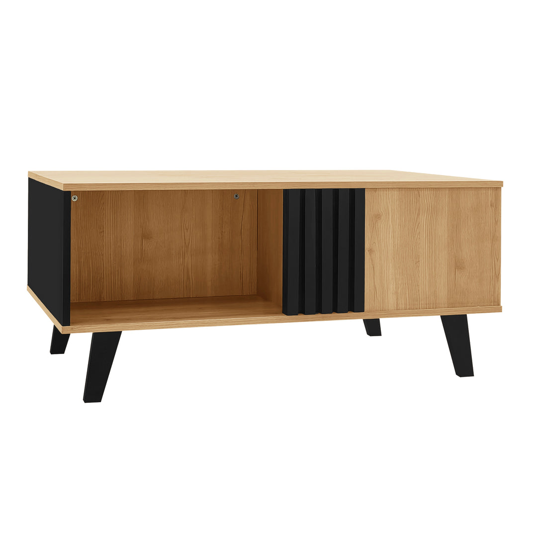 Modern wooden coffee table with black striped design, drawers & side storage WINGSEED