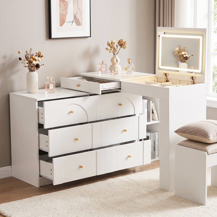White L-shaped rotating vanity desk with LED mirror makeup table ELEGANT THROW HOME