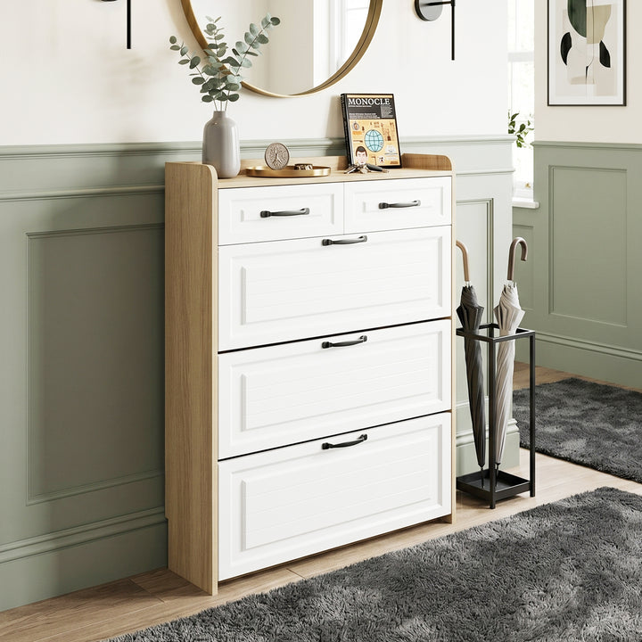 White shoe cabinet with 3 flip doors & 2 drawers 80x23.5x131cm ELEGANT TRAY ART