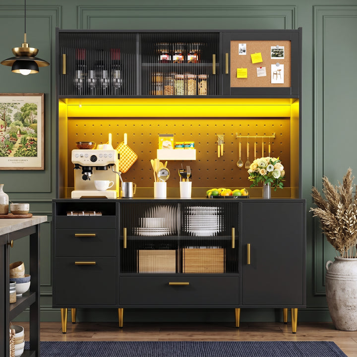 Tall black kitchen hutch cabinet with LED lighting and glass sliding doors 140×40×180cm COMPACTVASE