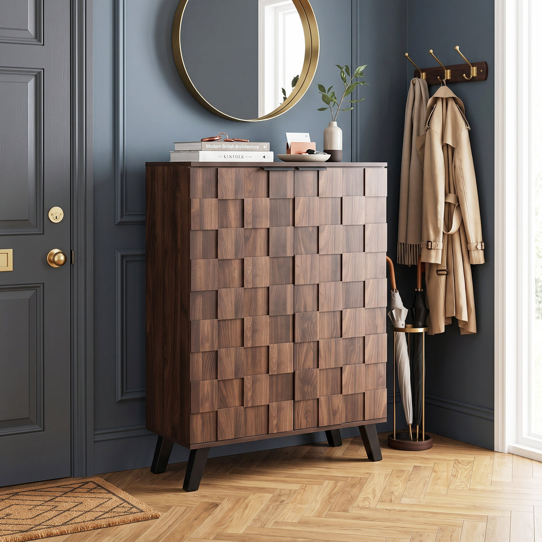 Walnut wooden shoe cabinet vintage geometric pattern with 2 doors CONCRETECLOCK