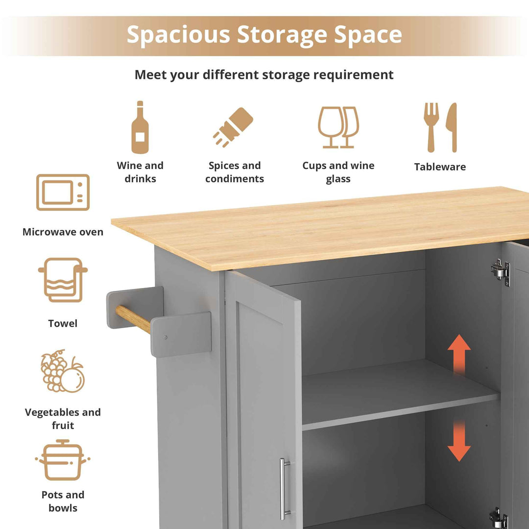00+Kitchen Island on Wheels Grey Foldable Tabletop, 3 Drawers, 2 Doors, for Dining & Living Room VERTEXRYN