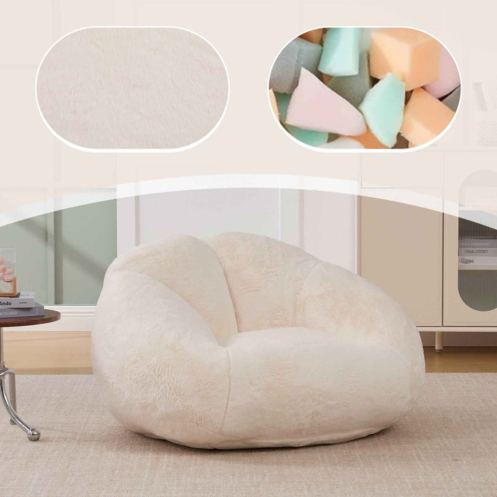 Lazy chair shell shaped sofa beige faux fur, memory foam bean bag chair removable cover