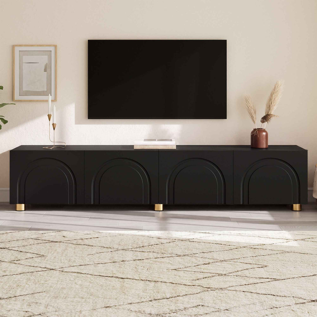 00+缺图 TV Cabinet 180 cm Black with 4-Door Arch Relief for Living Room TRITRUNK