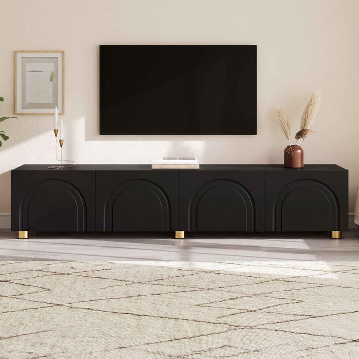 00+缺图 TV Cabinet 180 cm Black with 4-Door Arch Relief for Living Room TRITRUNK
