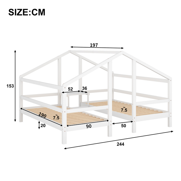 White wooden twin bed, 2 single beds under one roof with slats ZEQRIX UK