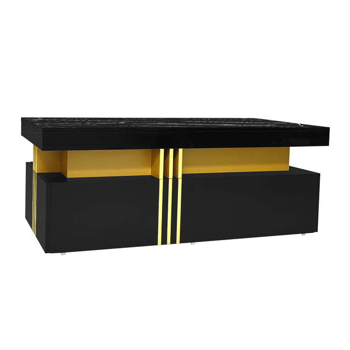 Modern black coffee table with marble-pattern top golden accents LEDGER