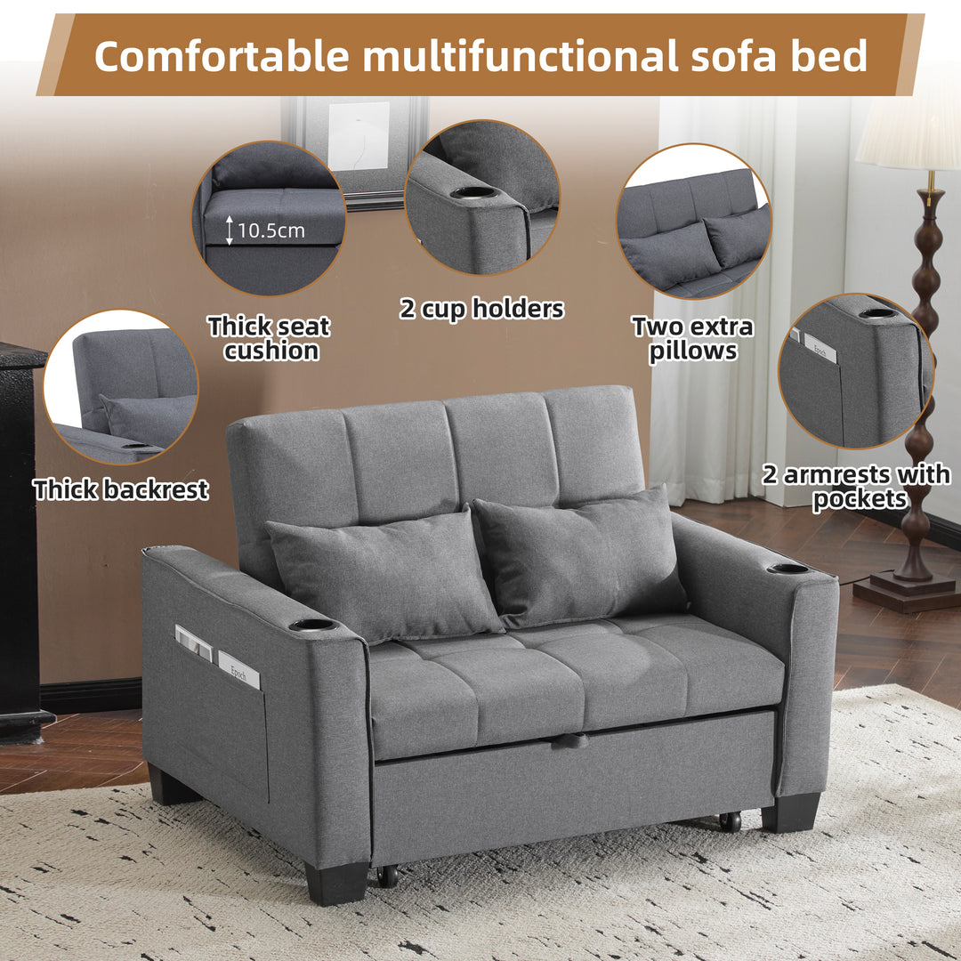 Gray fabric convertible 2-seater sofa bed pull-out design, adjustable backrest, and storage FROSTSTONE