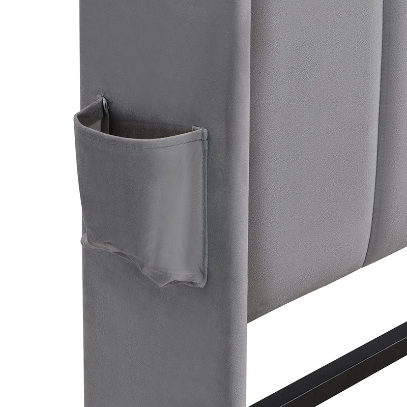 Upholstered velvet grey double bed with storage headboard, LED lighting and charging ports 135x190cm FIRNSNOW UK